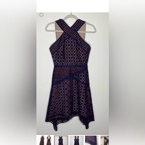 BCBGMaxAzria Sofia Dress Criss Cross Halter Navy Blue Maroon Lace Embroidery 4